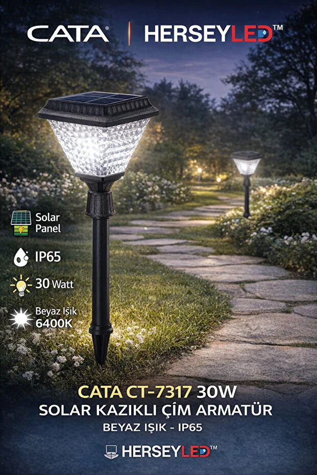 Cata CT-7317 30W SOLAR KAZIKLI ÇİM ARMATÜR BEYAZ IŞIK IP65